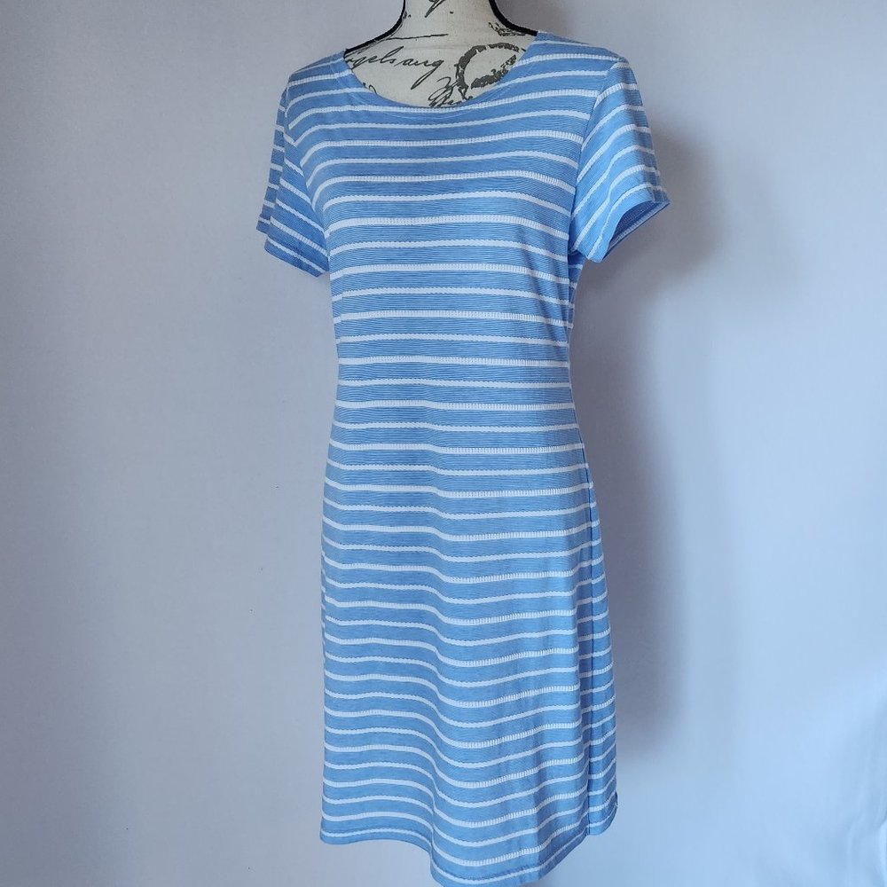 STS Sail to Sable Stripe Tunic Shift Dress Short Sleeve Back-Zipper Blue White